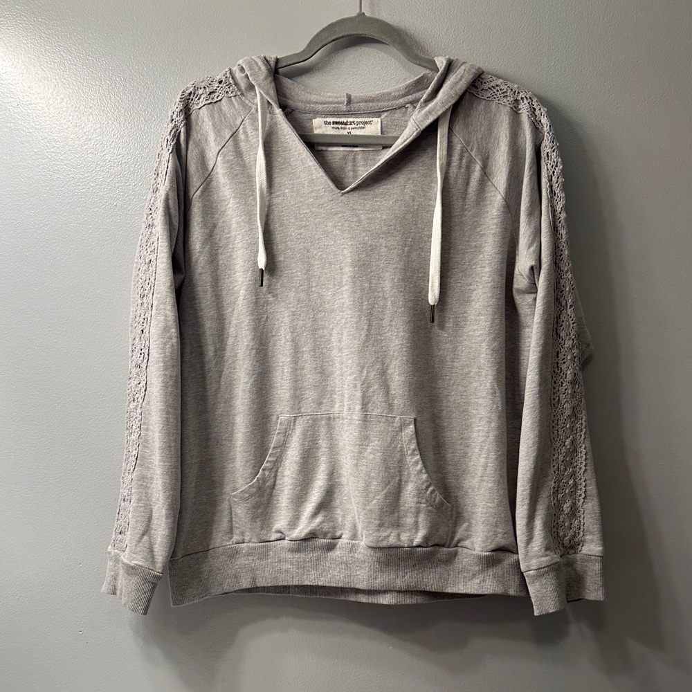 Women's Gray Hooded Sweatshirt with Lace Trim